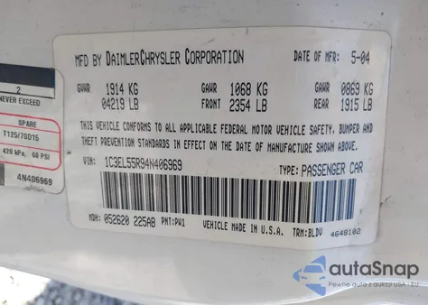 2004 Chrysler Sebring Lxi из США, поврежденный, VIN 1C3EL55R94N406969